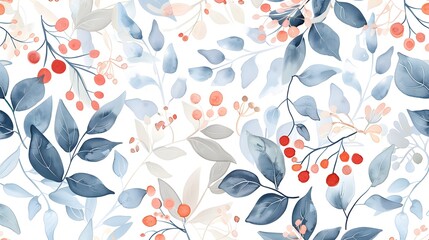 Watercolor Floral Seamless Pattern with Delicate Leaves and Berries. Spring Blossom Design for Greeting Cards, Advertising, Banners, Leaflets and Flyers. Botanical Vector Design. Tropical Summer Conce