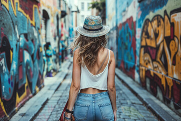Young woman walks through an alley decorated with vibrant graffiti art