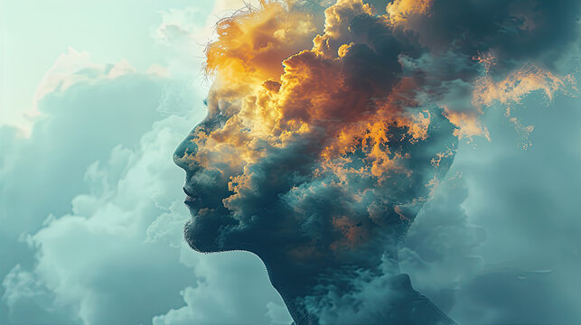 mental health awareness art of lady brain messed up with clouds, Self care, love, acceptance concept.Mental health issue, feeling of frustrated, anxiety.	 - Powered by Adobe