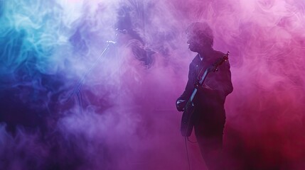 Obraz premium Rock Band Concert In Cloud Colorful Dust. Music Event, Rock Band Performs On Stage Colorful Dust Background. Guitarist, Bass Guitar And Drums On Stage