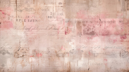 Vintage collage newspapers grunge background with floral pink designs and handwritten script.