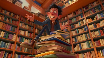 With a mischievous grin, the animated character balances on one foot atop a stack of precarious books.