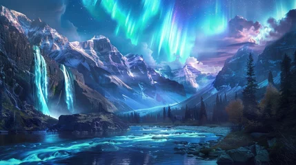 Fotobehang Scenic View Of Rocky Mountains With Waterfall Near River Under Northern Lights © Asad