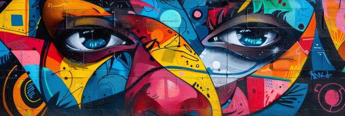 Striking urban wall mural showcasing a pair of intense, expressive eyes with a vivid fusion of abstract elements and bold colors.