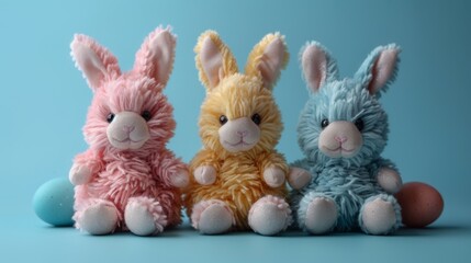 Cute stuffed Easter bunny toys isolated on blue background. Cute, adorable, fluffy. Easter holiday, bunny. Pastel color tones.