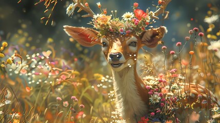 With a joyful skip, the small deer-like character frolics through a meadow of wildflowers, its antlers adorned with garlands of blossoms.