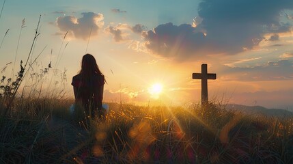 Silhouette Of A Woman Sitting On The Grass Praying In Front Of A Cross At Sunset - obrazy, fototapety, plakaty