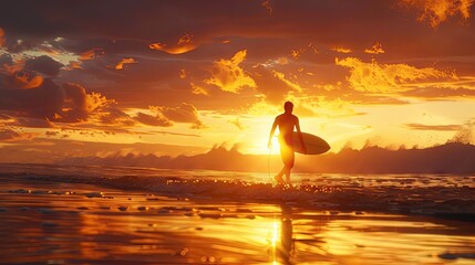 Silhouette Of Male Surfer Walking With Surfboard On Seashore At Sunset