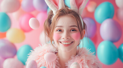 Fototapeta na wymiar cute young girl in bunny ears with Easter eggs on Easter background, Easter holiday card