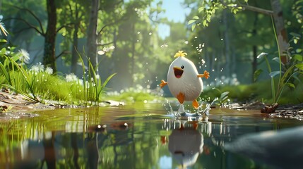 With a joyful skip, the animated character jumps over a puddle, its reflection rippling in the water like a playful echo.