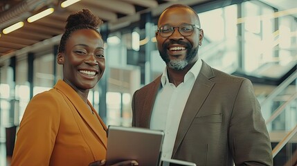 Smiling Business Man And Business Woman Standing In Office With With Digital Tablets