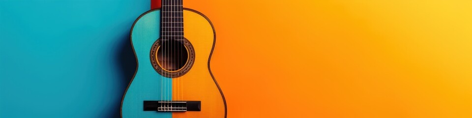 A classical guitar against a gradient blue to orange background, fit for music-themed social media posts or vibrant Cinco de Mayo event flyers.