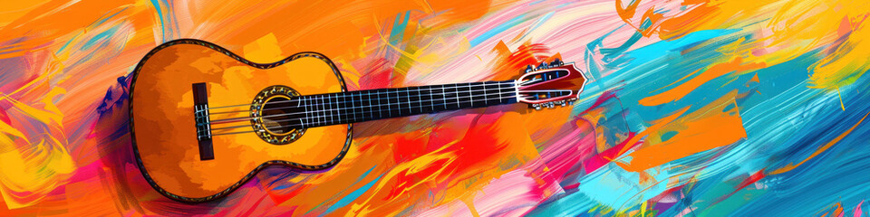 A classical guitar superimposed on a colorful, abstract painting, suitable for artistic event promotions or creative Cinco de Mayo music posts.