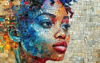 A woman's face combined with multicolored mosaic pieces, a conceptual image - obrazy, fototapety, plakaty