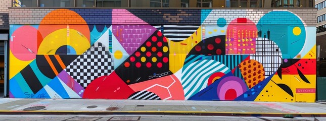 Dynamic urban mural with a kaleidoscope of colorful abstract patterns and shapes, spanning the length of a city street wall. - obrazy, fototapety, plakaty