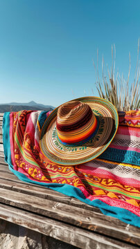 A vividly colored sombrero resting on a traditional Mexican blanket, with mountains in the background, great for tourist attraction promotions or cultural event flyers for Cinco de Mayo.