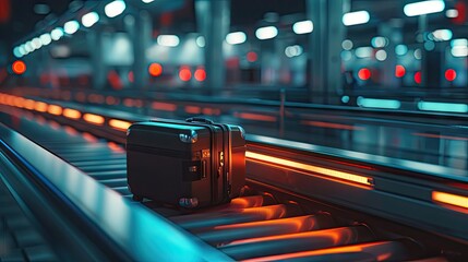 Solo Suitcase On Airport Conveyor Belt At Night