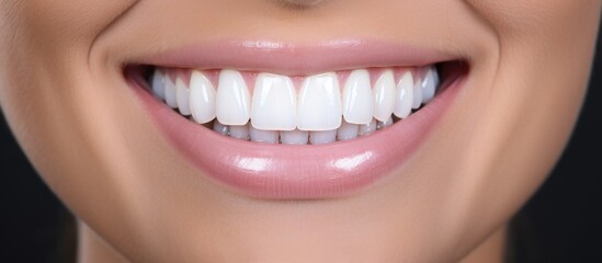 A close-up view of a womans smile showcasing her white, clean teeth. The image focuses on the teeth and mouth, displaying a bright, healthy smile.