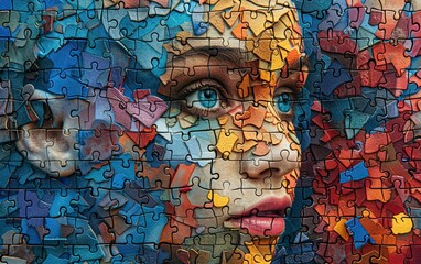 A woman's face combined with multicolored mosaic pieces, a conceptual image