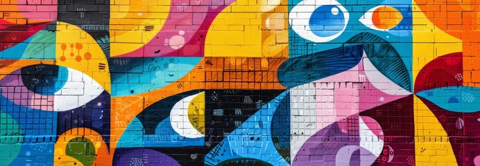 Dynamic and colorful street mural featuring an abstract composition with vibrant patterns and bold shapes on an urban wall.

Keywords