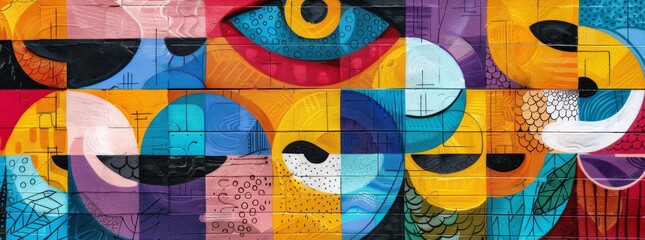 Dynamic and colorful street mural featuring an abstract composition with vibrant patterns and bold shapes on an urban wall.