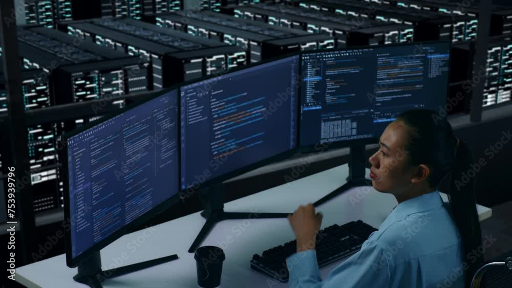 Wall mural side view of asian woman developer thinking about something while write code with multiple computer 