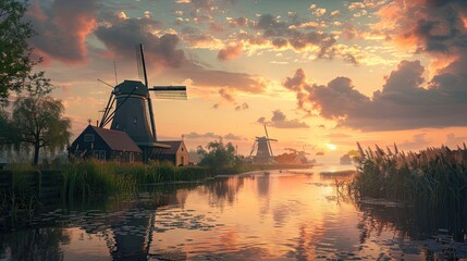 Sunset Over A Serene Dutch Landscape With A Row Of Historic Windmills And Waterfront Houses At Kinderdijk - obrazy, fototapety, plakaty