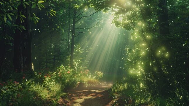 Sunlight Filtering Through A Dense Woodland Trail  Image