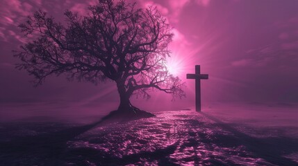 Surreal Ash Wednesday Tree Shadow Cross. A Conceptual Image Capturing Ash Wednesday With A Stark Tree Shadow Forming An Ash Cross On The Ground, Set Against A Surreal Purple Sky
