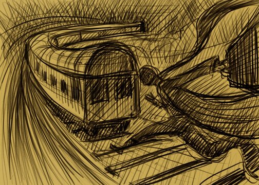 Sketch of a man running to catch a train