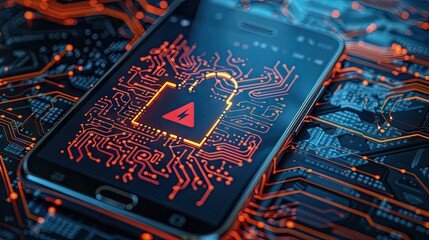 System Warning Caution Sign On Smartphone, Scam Virus Attack On Firewall For Notification Error And Maintenance. Network Security Vulnerability, Data Breach, Illegal Connection And Information Danger