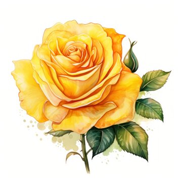watercolor illustration, yellow rose with green leaves. Hand drawn beautiful yellow rose flower watercolor, isolated on white background, clip art