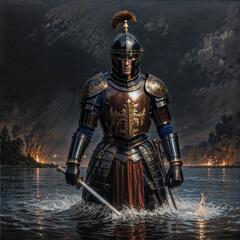  a middle-aged man, a Roman legionnaire, dressed in an ornate lorica musculata and an imperial helmet, walks on the water - obrazy, fototapety, plakaty