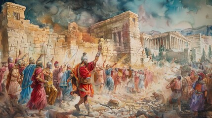 Fototapeta premium The King David Defeats The Jebusites To Win Jerusalem. Old Testament. Watercolor Biblical Illustration