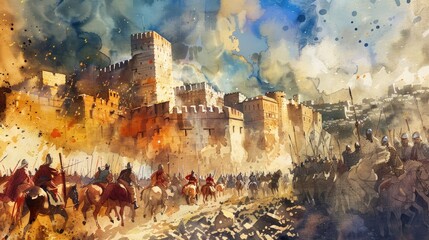 The King David Defeats The Jebusites To Win Jerusalem. Old Testament. Watercolor Biblical Illustration