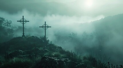 Three Crosses On Top Of The Hill In The Mist. - obrazy, fototapety, plakaty