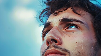 Touched By His Grace. Close-Up Of A Beautiful Young Man Looking Up With Tears In Her Eyes. Christian Concept