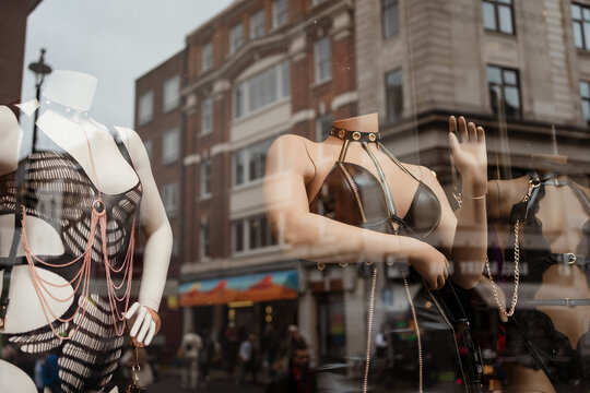 Sexy clothes for a fetish party and city reflection