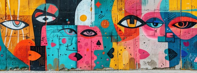 Vibrant street art mural with abstract faces on urban wall, expressing colorful creativity and urban culture.
