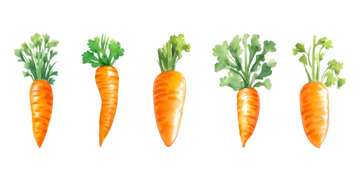 Watercolor Set Of Carrot Isolated On White. Different Carrots Collection, for design