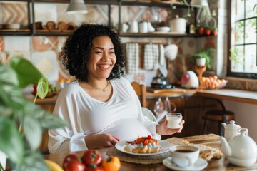 Obraz na płótnie Canvas A cheerful pregnant woman enjoys a nutritious breakfast, her smile reflecting the cozy and nurturing atmosphere of her plant-adorned kitchen.