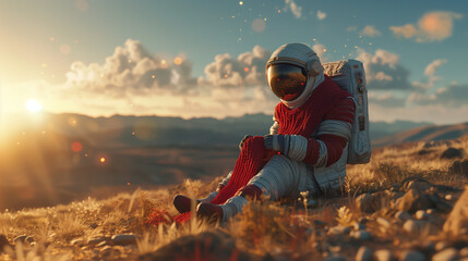 An astronaut knits a red sweater on a mountain