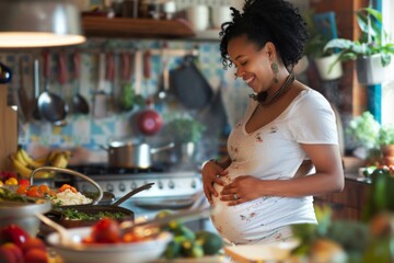 A joyful expectant mother, adorned with colorful beads, lovingly caresses her belly in a sunny, plant-filled kitchen, surrounded by fresh vegetables and home-cooked meals.