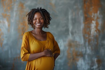 Obraz premium A smiling young African woman in a mustard dress, holding her pregnant belly, against a textured grey wall.