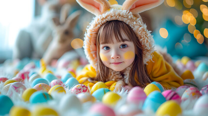 Obraz na płótnie Canvas cute Asian little girl in bunny ears with Easter eggs on Easter background, Easter holiday card