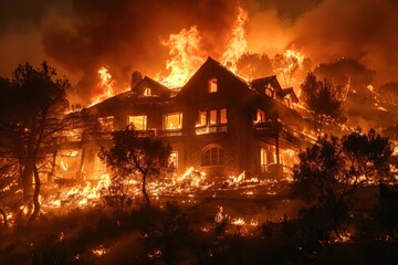 Burning home amidst uncontrolled forest fire, urgent situation - obrazy, fototapety, plakaty