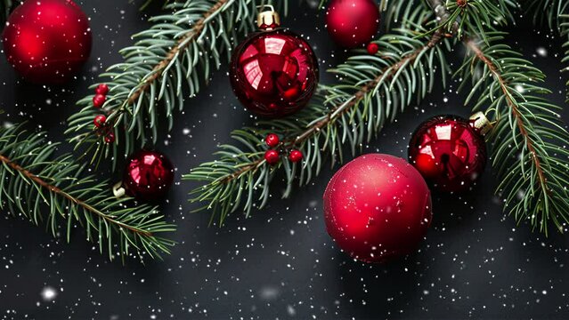Glass balls with Christmas tree branches. Falling snowflakes. Сhristmas atmosphere. Noel. Christmas tree. Looped snow. Generative AI.