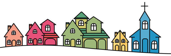 Large and Small Single Family Homes, Duplex, and Church | Line Art