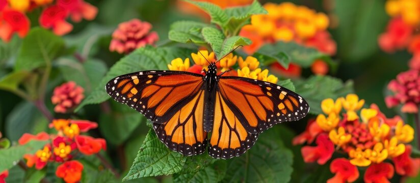 A Monarch butterfly with orange and black wings sits atop a vibrant red, orange, and yellow flower surrounded by lush green leaves in a macro photograph.