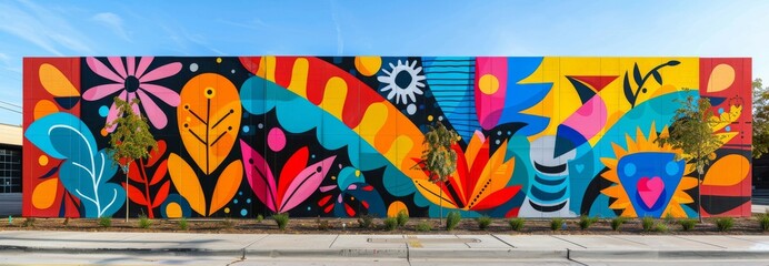 Colorful and abstract street art mural depicting vibrant flora and geometric shapes, a celebration of urban art and nature.